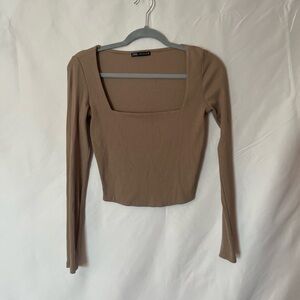 Zara Taupe Square-Neck Long Sleeve Crop Top